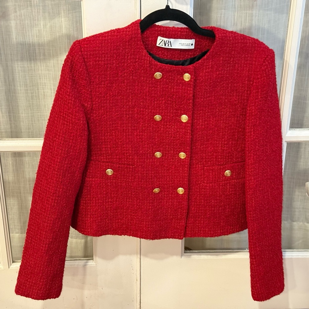 “Crimson Elegance: The Zara Luxe Bouclé Blazer"